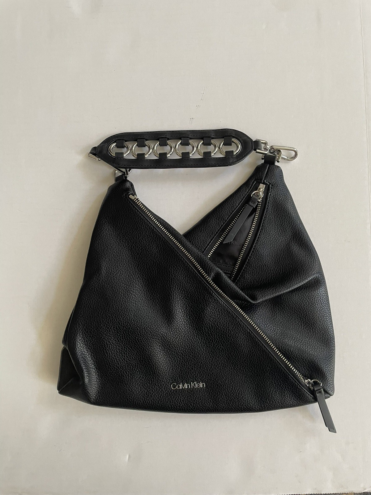 Calvin Klein Black Leather Tote Bag Large Shoulder Purse Minimalist