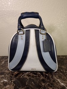 Vintage AJAY Bowling Ball Bag Navy Blue Striped Vinyl 70s Retro Excellent