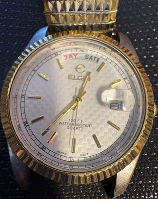 #ad Elgin Men’s Quartz Day Date Analog Gold Tone Bracelet Silver Dial 100ft $20.25