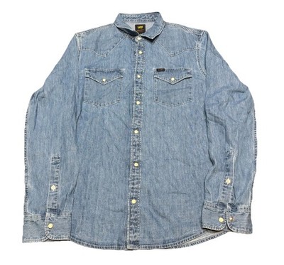 Lee Western Pearl Snap Shirt Mens M Blue Light Wash Denim Long Sleeve Cowboy