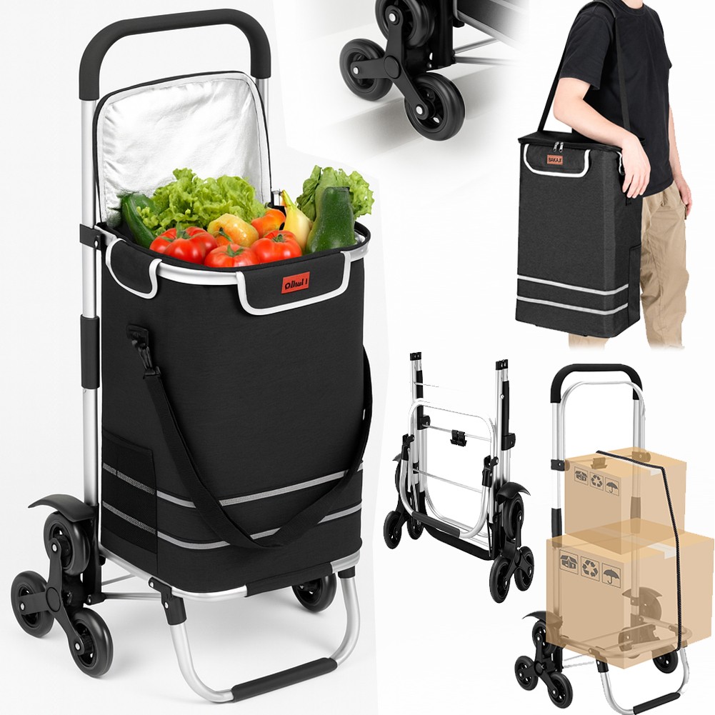 Carrello Spesa Montascale 56L Nero Borsa Termica Trolley Portaspesa con Tracolla