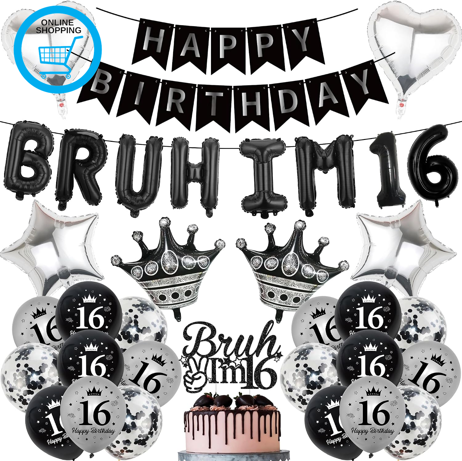 16Th Birthday Decorations Banners Boys - 34 Pcs Black and Silver Happy Birthday