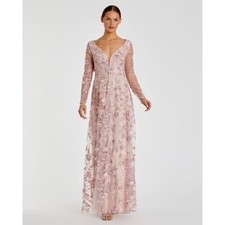 Mac Duggal Size 12 Pink 70224 Floral Applique Long Sleeve Illusion Gown Dress