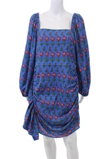 Rhode Womens Floral Square Neck Zip Back Puff Sleeve Shift Dress Blue Size M
