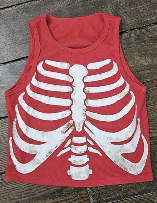 Red Skeleton Gothic Crop Top Dark Fairycore Costume Party New Grunge Rib Cage S