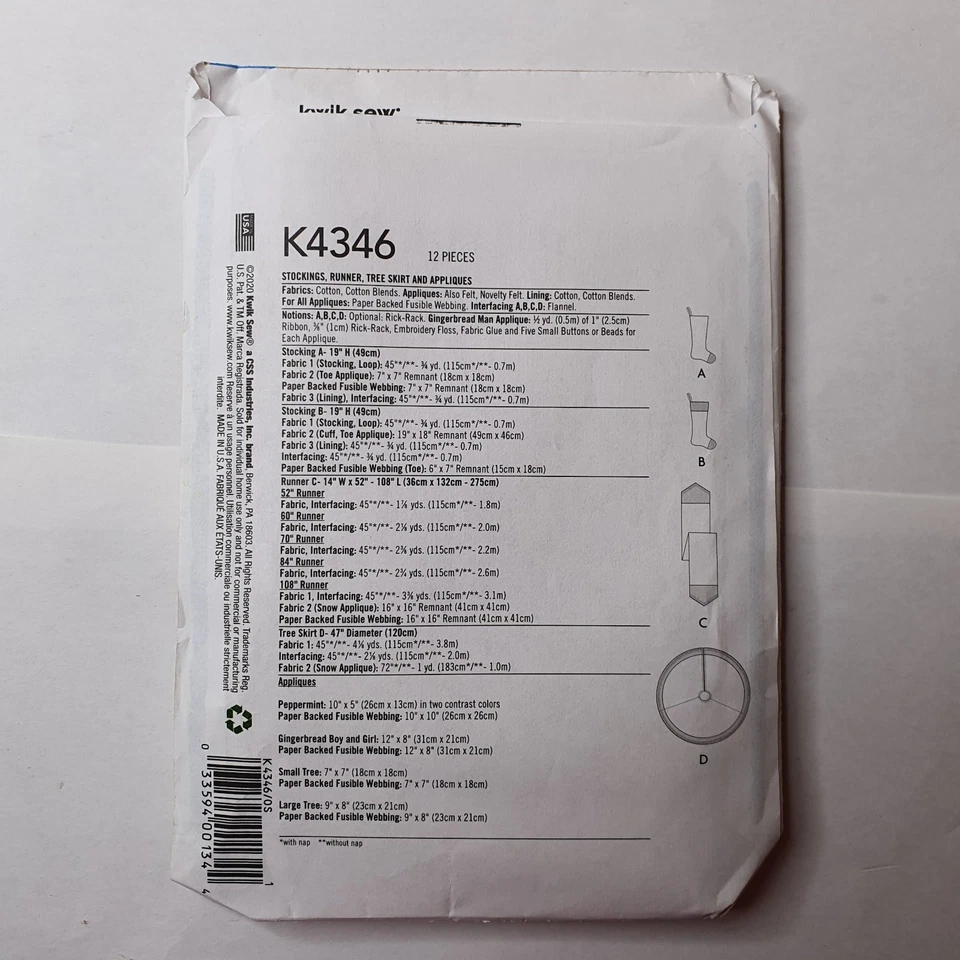 KWIK SEW SEWING PATTERN 4346 Christmas Decor - Stocking Tree Skirt Table Runner  - Image 2 of 2