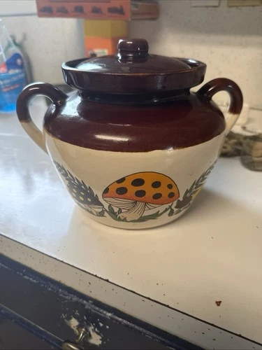 Vintage McCoy Pottery 3-qt Bean Pot w/Lid, Handles, Rooster Merry Mushroom Theme