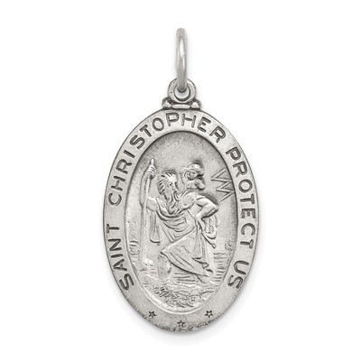 Sterling Silver St Christopher Oval Sports Medal Pendant, 15 x 31mm
