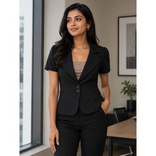 Harve Benard Short Sleeve Lined Jacket 2 Button Cotton Black Blazer M