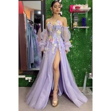 Tulle 3D Flowers Prom Dresses Sweetheart Lavender Purple Puff Long Sleeves Robes
