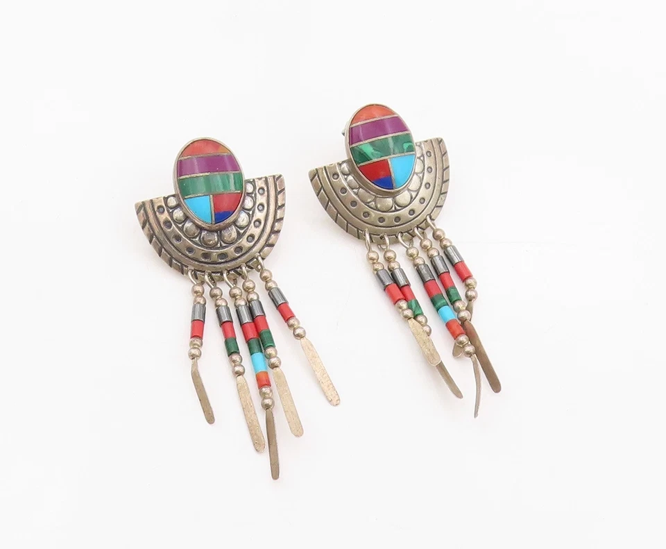 925 Sterling Silver Vintage Earrings NAVAJO Multi Gemstone Inlay Dangle EG13816 - Image 2 of 4