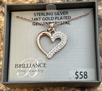 Brilliance Fine Jewelry Sterling Silver 14K Gold Plated Heart & Crystal Necklace