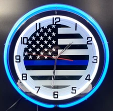 19" Police Thin Blue Line Flag Sign Double Blue Neon Clock 