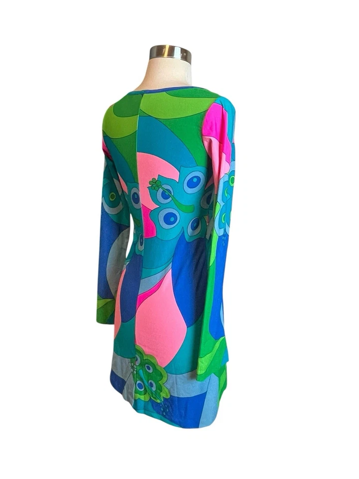 Vestido Betsey Johnson Vintage Años 90 Pequeño Mini Mangas Acampanadas Psicodélico Funky Foto 4 de 4