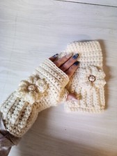 BEAUTIFUL HANDMADE CROCHETED IVORY FINGERLESS GLOVES READY TO SHIP