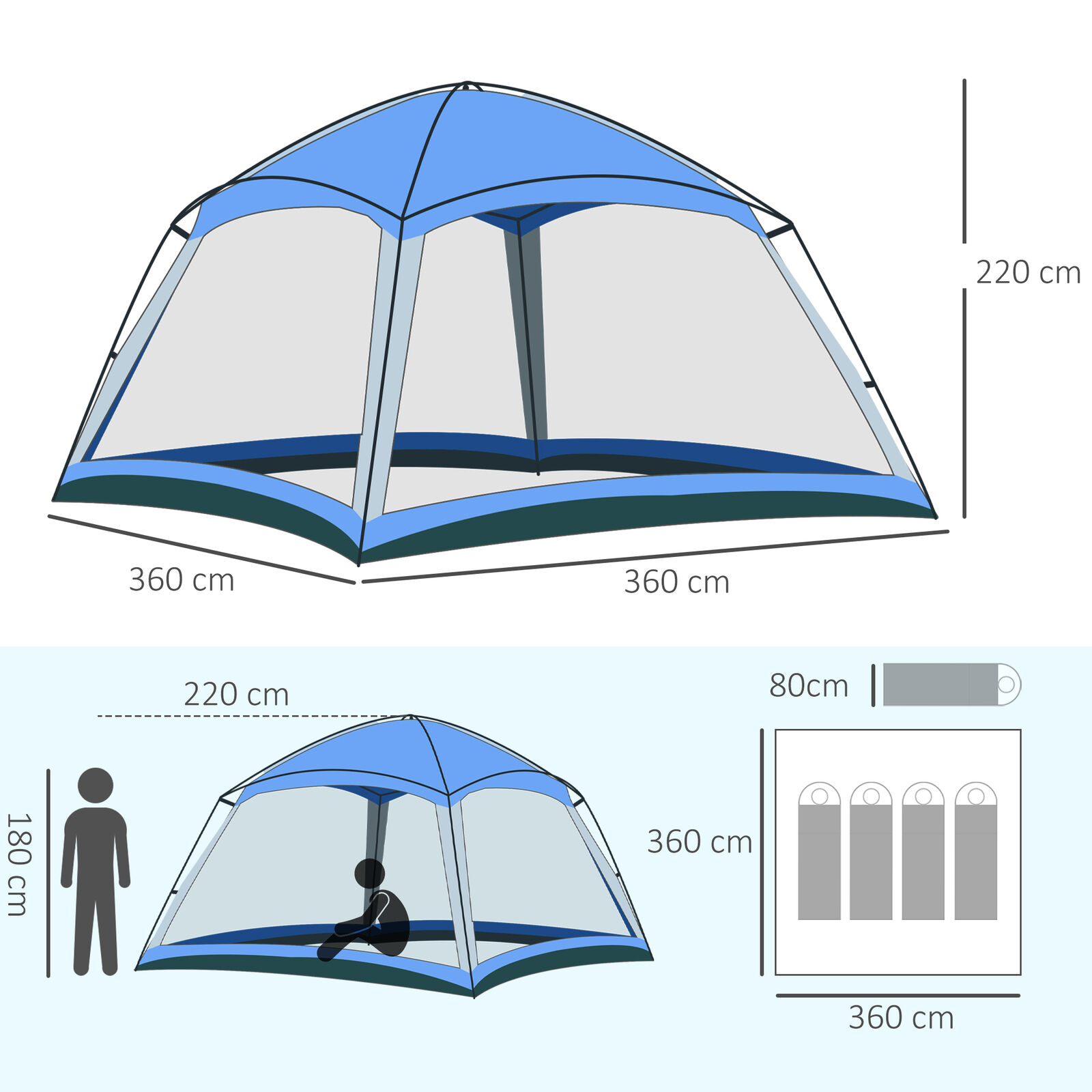 Outsunny Camping Zelt 8 Personen Zelt Familienzelt 2 Fenster Glasfaser Blau