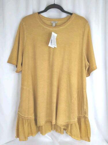 NWT Logo Shirt QVC sz XL Distressed Yellow Stretch Tunic Pockets Flounce