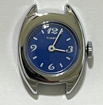 VINTAGE SMALL TIMEX BLUE SILVER MECHANICAL WATCH UNIQUE NUMBER FONT CHROME PLATE