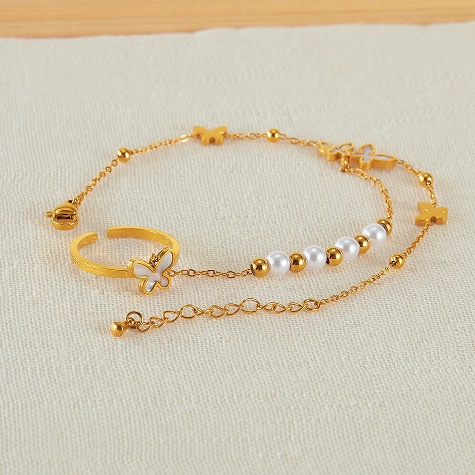 B Ware Edelstahl Handkette Schmetterling m. Perlmutt Handschmuck Armband m. Ring - Bild 3 von 4