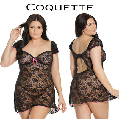 Coquette Nachthemd mit Ärmeln schwarz Spitze Lace Cap Short Sleeves Dress Black