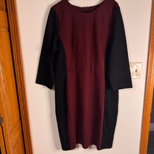 Talbots Colorblock Sheath Dress Burgundy Black 3/4 Sleeve Knee Length Size 14