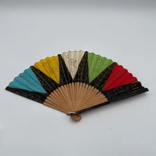 Vintage Hand Painted Folding Paper Fan with Bamboo Ribs & Case Multicolor