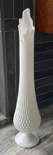 Huge Vintage  Fenton MCM Hobnail Milk Glass Swung Finger Rim Vase, 21” Tall
