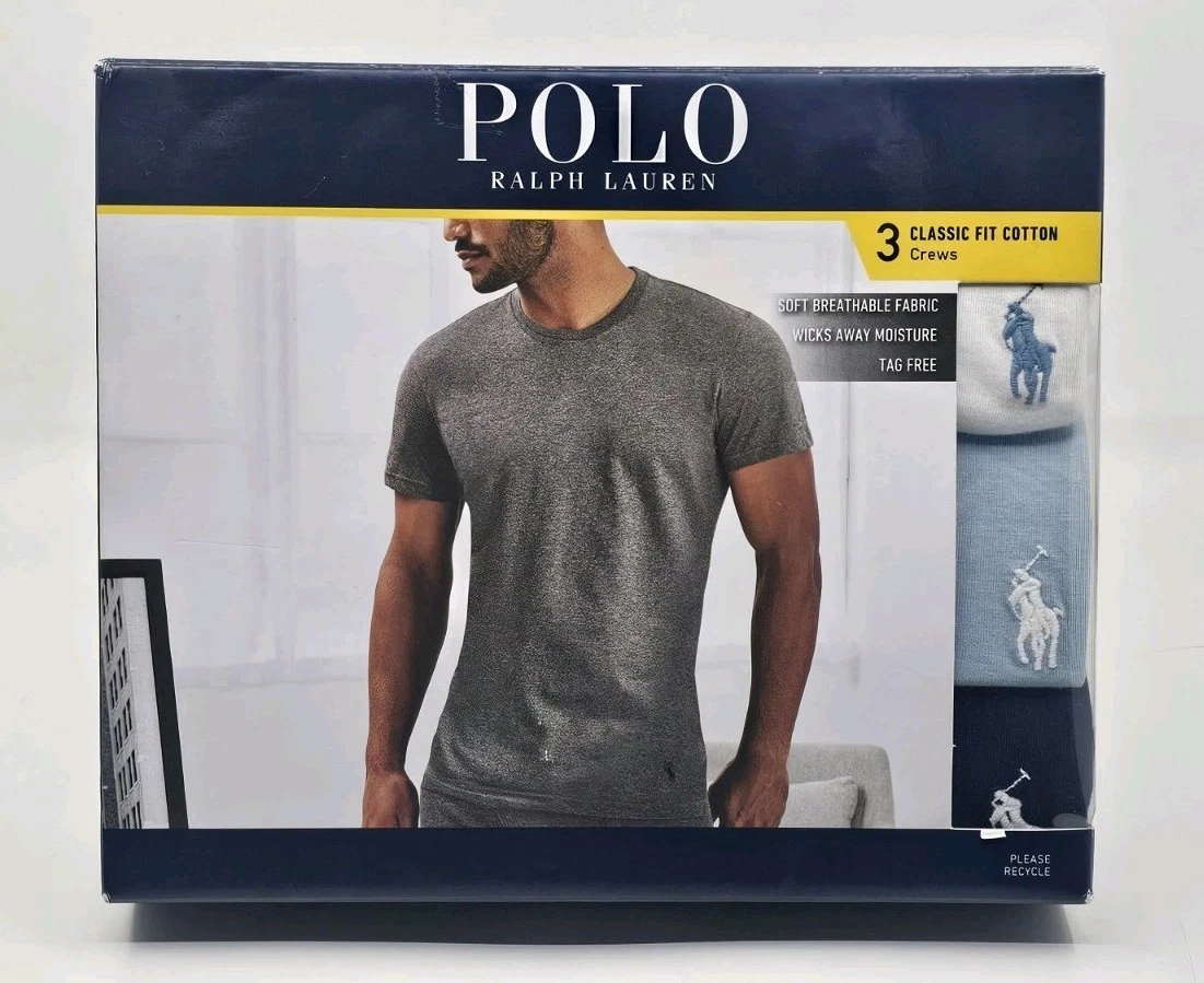 Polo Ralph Lauren Mens Navy Blue White Classic Fit Crew-Neck 3 Pack Shirt Cotton