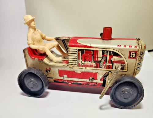 Vintage Marx # 5 USA-Made Tin Type Wind-Up Climbing Tractor, 1950s works