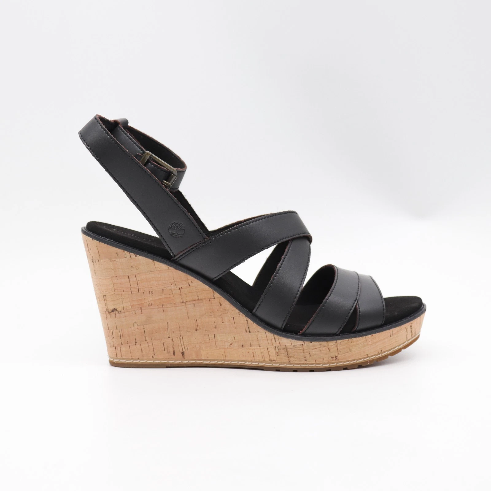 Timberland sandali donna zeppa neri pelle punta aperta scarpe plateau UK 7