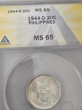 1944 D Philippine 20 Cent Piece MS 65