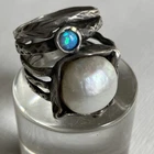 Vintage Israeli Sterling Ring Baroque Pearl Opal Modernist Split Shank 925 Sz 8