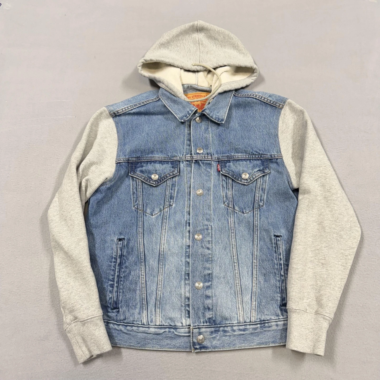 Levi's Jacket Mens Medium Blue Denim Hooded Trucker Sweatshirt Sleeves Varsity