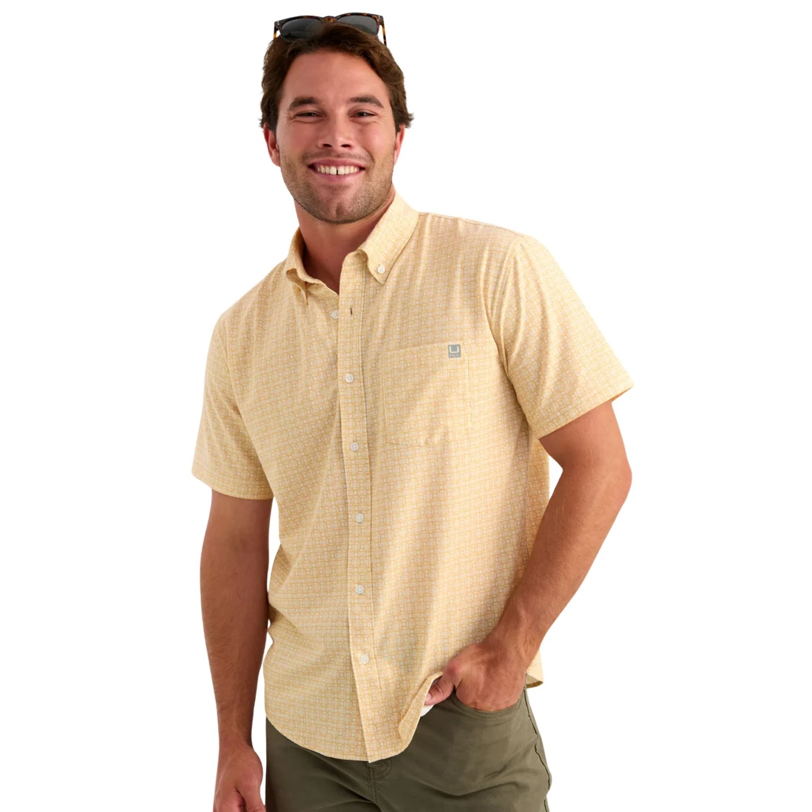 Huk Kona Printed Short Sleeve Men's Button-Down Shirt, Starfish, Medium