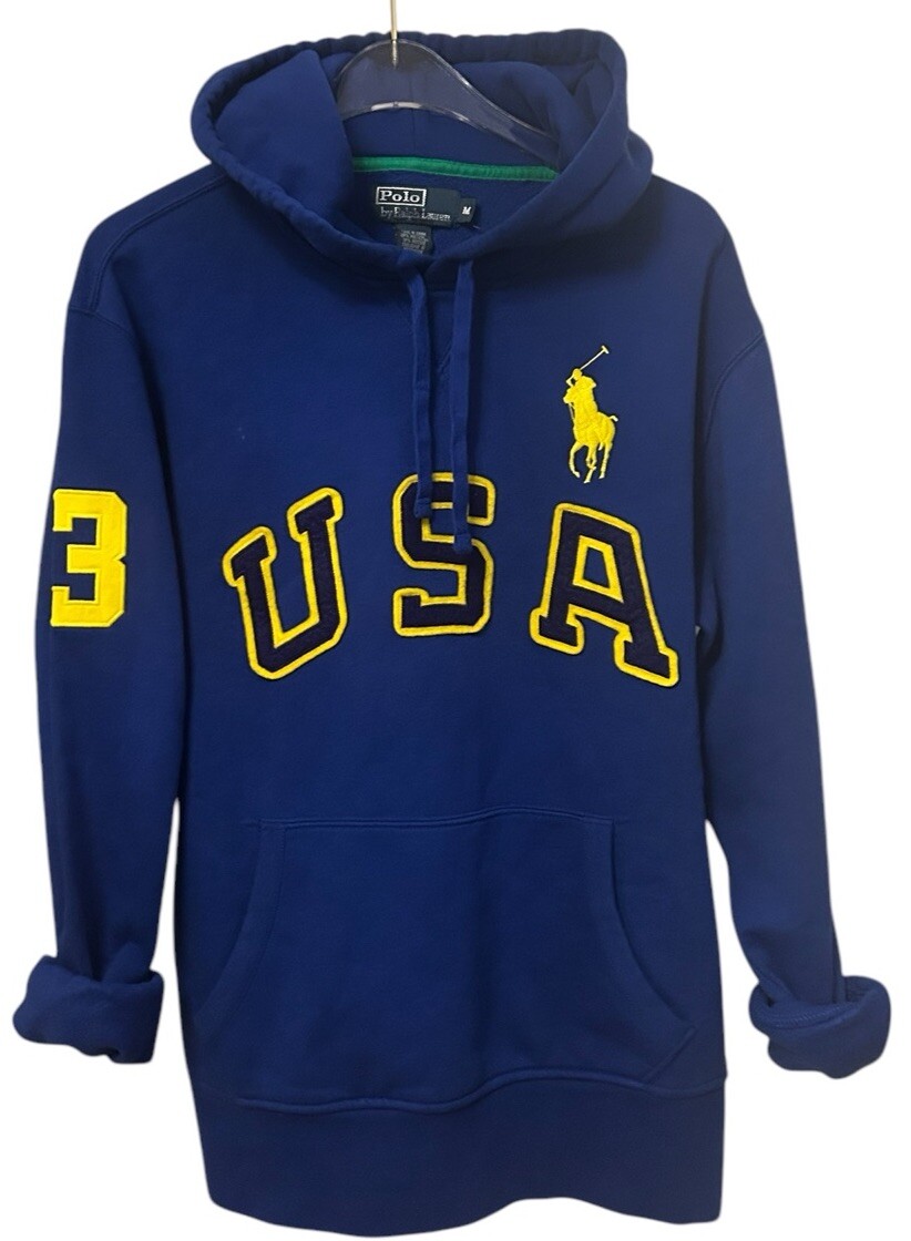 Polo Ralph Lauren uomo felpa con cappuccio blu medio USA Big Pony pile coulisse nuova con etichette