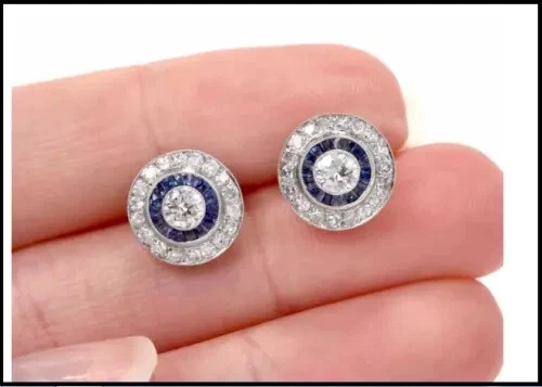 2.0Ct Vintage Art Deco Style Diamond & Sapphire Stud Halo Earrings In 925 Silver