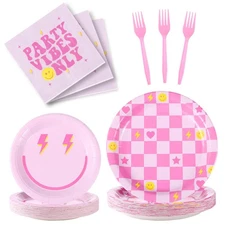160Pcs Preppy Smile Face Party Tableware Set Pastel Paper Plates Napkins Prep...