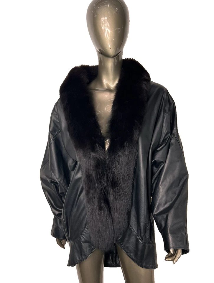 Jacqueline Ferrar Coat Womens Large Tuxedo Fox Fur Black Leather Jacket - Image 2 of 4