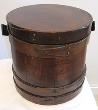 Vintage Primitive Wood Sugar Bucket  Firkin Swing Wood Handle & Lid