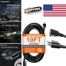 10 Foot 16 Gauge Black Extension Cord Waterproof Flexible for Indoor Outdoor Use