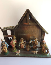 Vintage Nativity Set Manger Scene Creche Wood Stable Made in Italy w/ 10 Figures