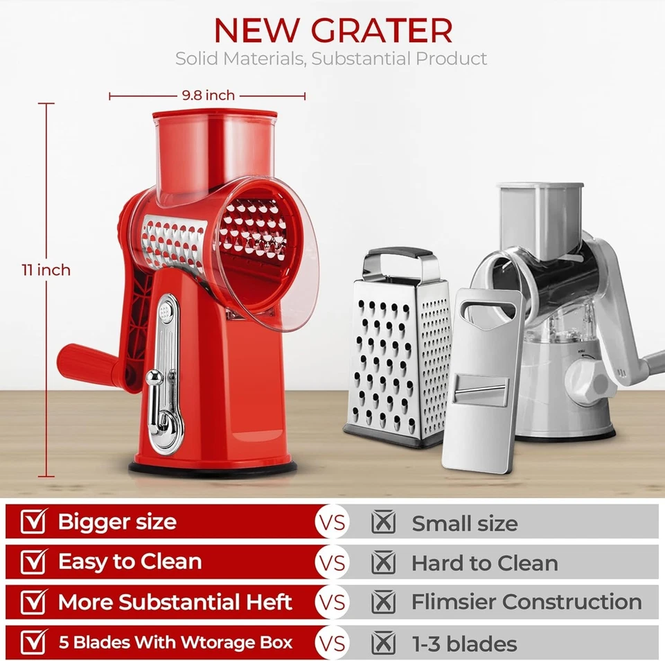 Rallador de queso giratorio con mango y 5 cuchillas, rebanadora redonda y rallador de verduras Foto 2 de 4