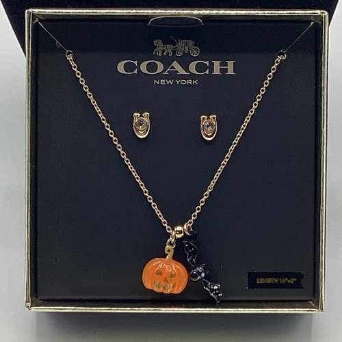 NWT COACH Halloween Themed Bat & Pumpkin Mismatch Earrings & Necklace 16”+ 2”