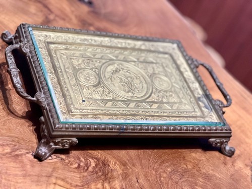 SALE Stunning Antique Ornate Gilt Bronze Footed Tray with Glass Top - Picture 2 of 13