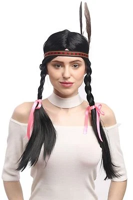Perücke Damen Karneval Schwarz Indianer Indianerin Zöpfe Stirnband Feder 60 cm - Bild 1 von 4
