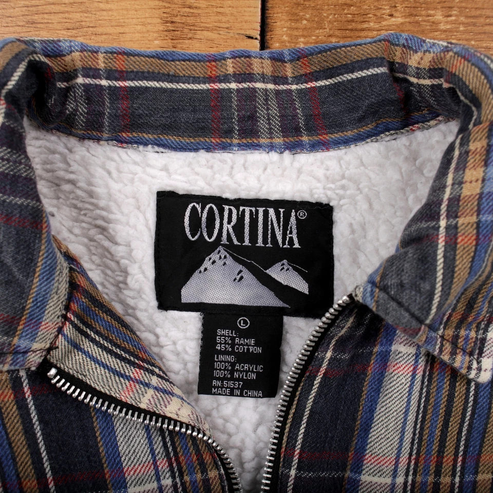 Vintage Cortina Outdoor Jacket L Sherpa Lined Zip Through Overshirt Plaid Blue - Image 3 of 4