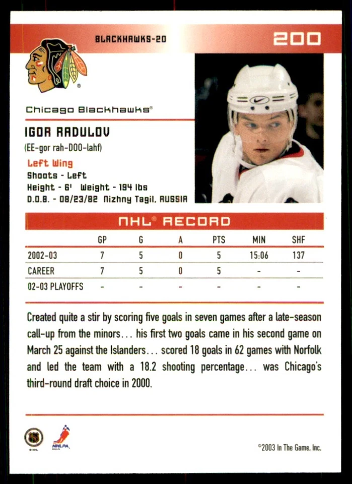 2003-04 In The Game Action Igor Radulov #200 - Image 2 of 2