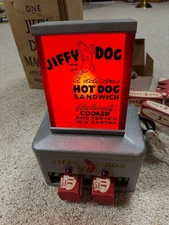 JIFFY HOT DOG SANDWICH COOKER COIN OP SIGN IN BOX RARE GUMBALL TRADE STIMULATOR