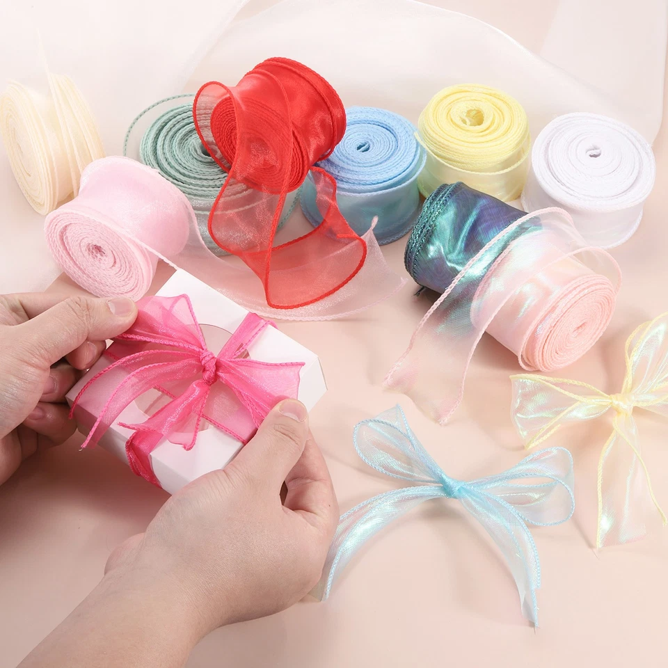 Cinta de gasa con cable de 1-1/2"x10 yardas hilo de cola de pescado cinta de organza transparente crema Foto 4 de 4