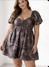 Arula Dark Floral Dress Size A/1X Babydoll Ruched Puff Sleeve Forest Fairy